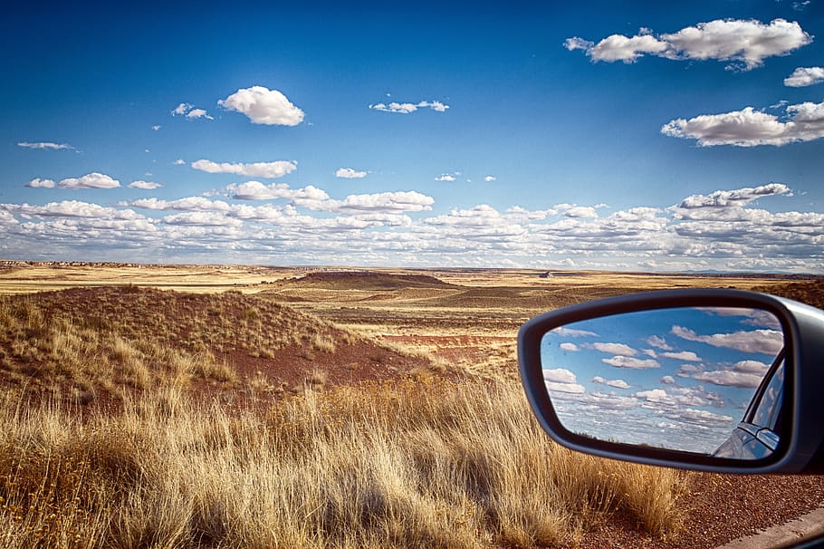 car side mirrror, sky, field, united states, petrified forest national park HD wallpaper