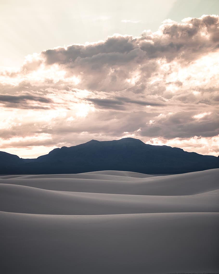 gray clouds above mountains, dune, cloudy, overcast, sunset, sunrise HD wallpaper