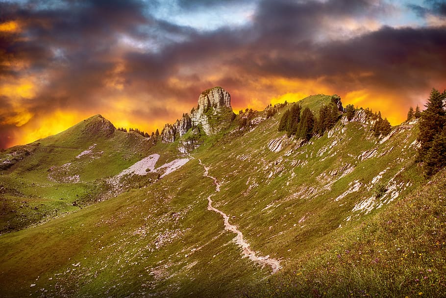 mountains, sky, clouds, sunset, nature, panorama, alpine, scenic HD wallpaper