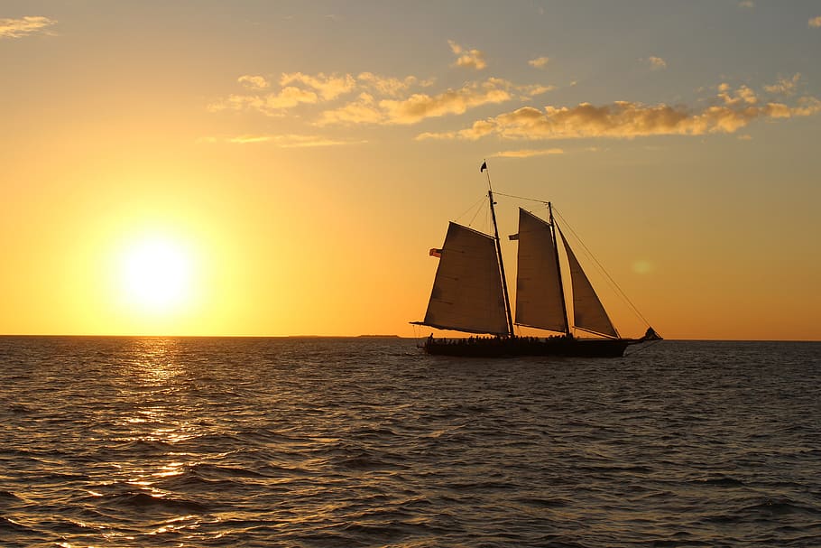 sunset, water, sea, ocean, sailboat, dusk, summer, vessel, scenic HD wallpaper