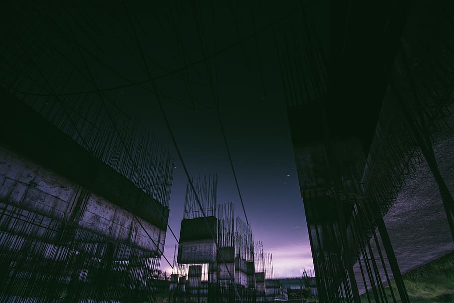 Gray Unfinished Building, construction site, evening, steel, sunset HD wallpaper