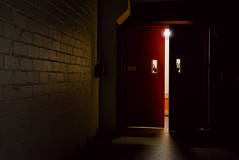 opened red door, flooring, corridor, lighting, wood, machine HD wallpaper