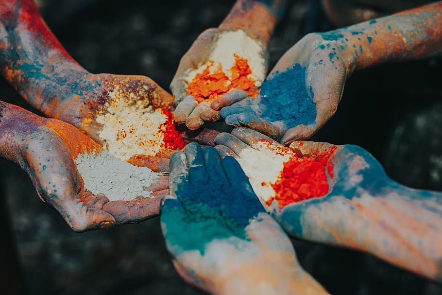 color powder on palms, festival, paint container, holi, colours