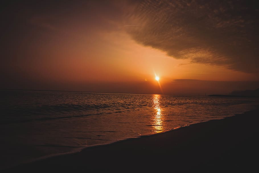 Beach Shore During Sunset, backlit, dark, dawn, england, nature HD wallpaper