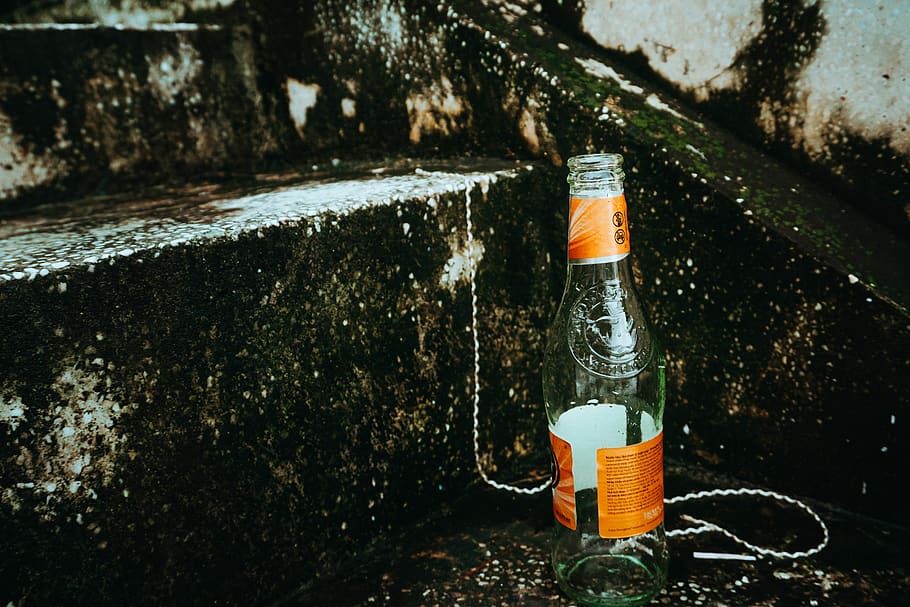 empty glass bottle, container, no people, refreshment, orange color HD wallpaper