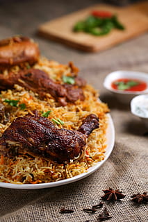 Plate of Rice and Cooked Meat, biriyani, chicken, cuisine, delicious HD wallpaper
