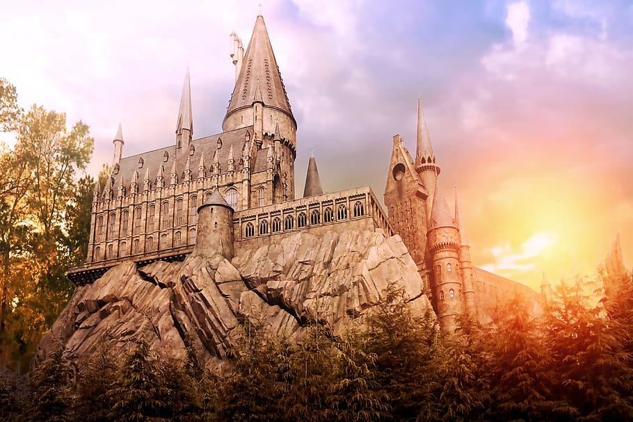 castle, fantasy, dream, trees, sky, rocks, sun, landscape, fantasy landscape HD wallpaper