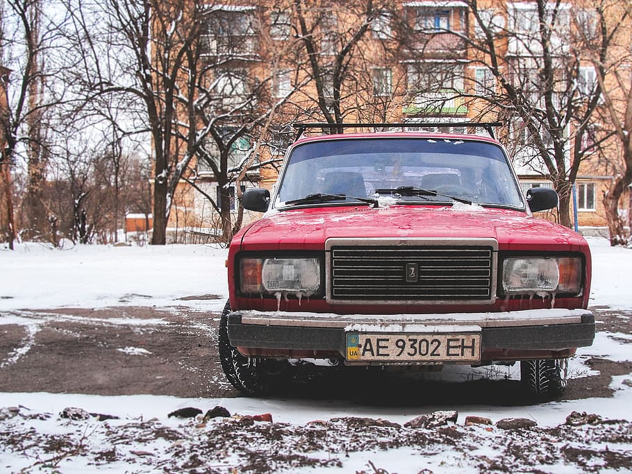 red vehicle, winter, ukraine, car, road, snow, motor, retro, old car HD wallpaper