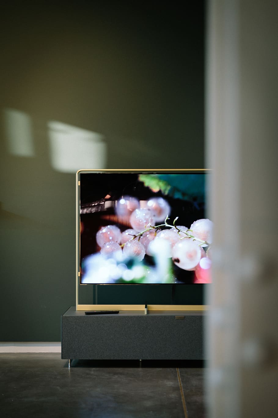 TV displaying cherries, indoors, domestic room, flower, no people HD wallpaper