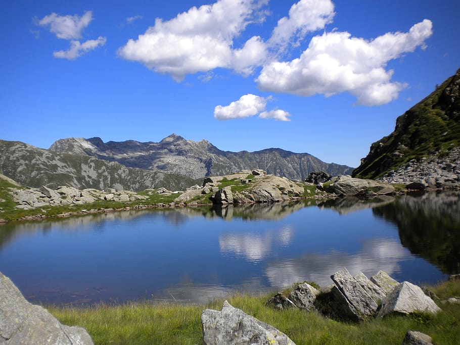 lakes, alps, sky, monti, hiking, landscape, clouds, adventure, HD wallpaper