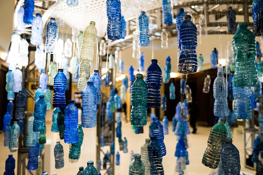 hanging blue and green plastic bottles, human, person, glass, HD wallpaper