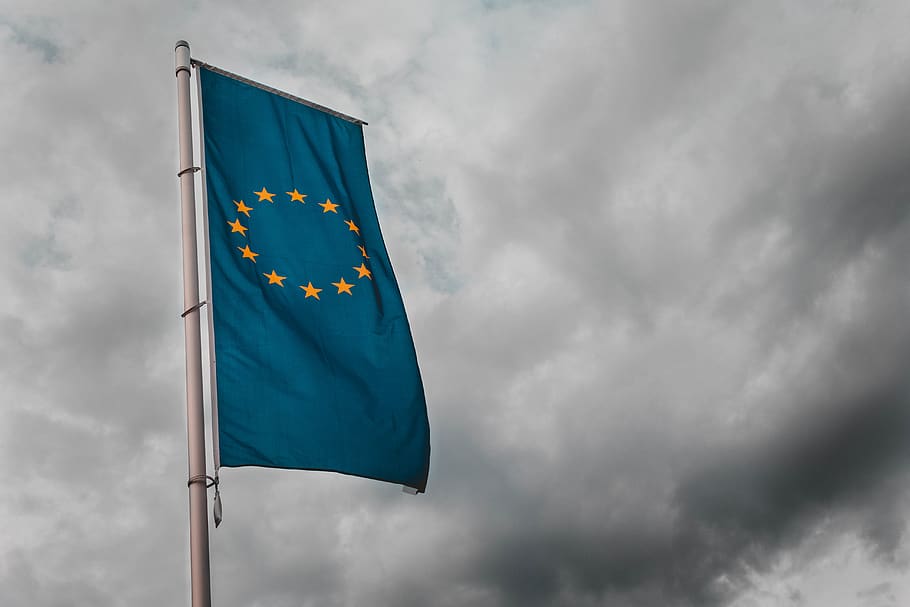 teal flag under cloudy sky, cloud - sky, patriotism, low angle view HD wallpaper