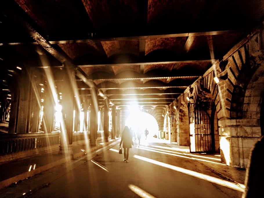 person walking in tunnel during daytime, shadow, sunset, les invalide HD wallpaper