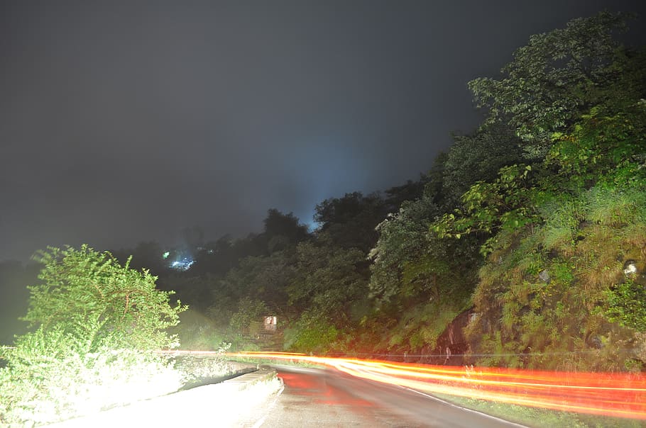 india, satara, night, trees, transportation, road, plant, mode of transportation HD wallpaper