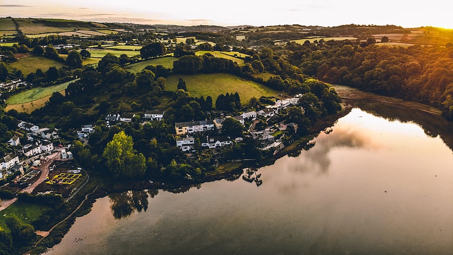 high-angle view of buildings, united kingdom, devon, aerial view HD wallpaper
