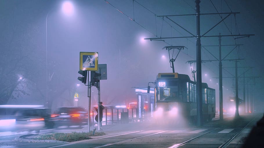 yellow electric train, night, light, warszawa, warsaw, poland HD wallpaper