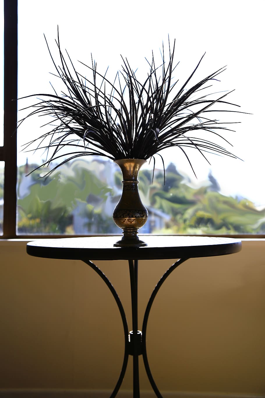 vase, brass, metal, round, mondo grass, black grass, black table