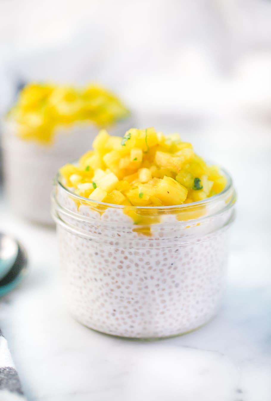 clear glass jar, plant, food, vegetable, pineapple, corn, chia pudding