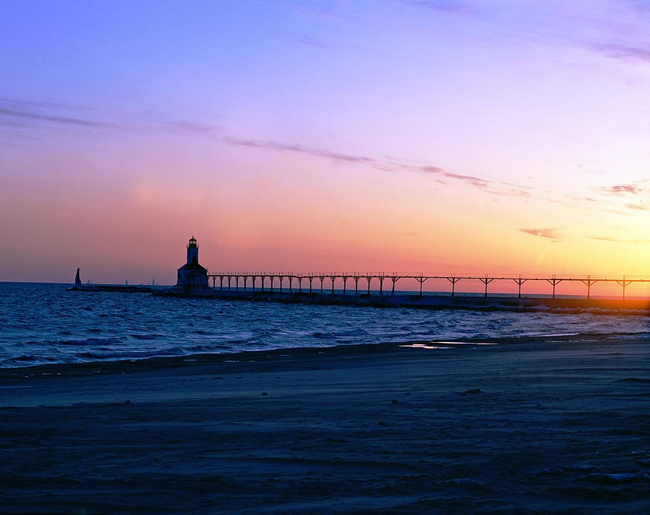 Silhouette of Gray Steel Bridge on Sea Shore during Sunset, coast HD wallpaper