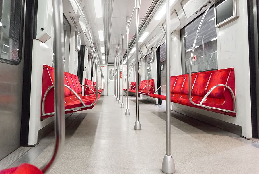 Red Train Chairs, metal, public transportation, seats, steel, HD wallpaper