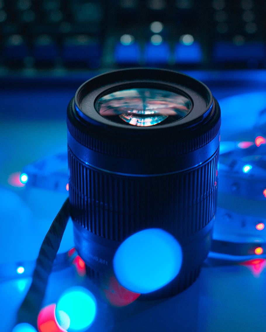 black camera lens with bokeh effect, electronics, reflection