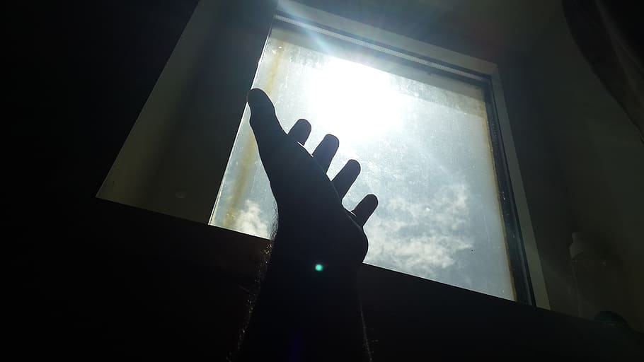 hand, window, sun, calm, raylight, flare, pray, lonely, human hand HD wallpaper