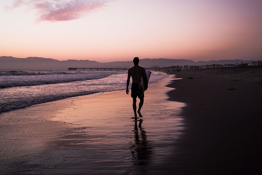 silhouette of man walking along seashore, surf, beach, coast HD wallpaper