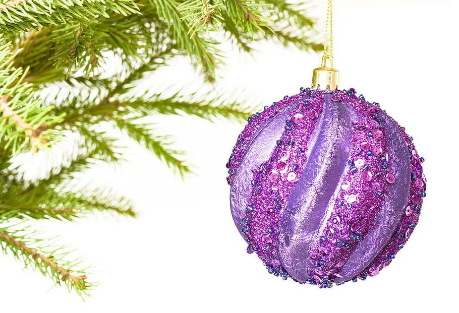 ball, branch, tree, ornament, red, green, pine, spruce, white HD wallpaper
