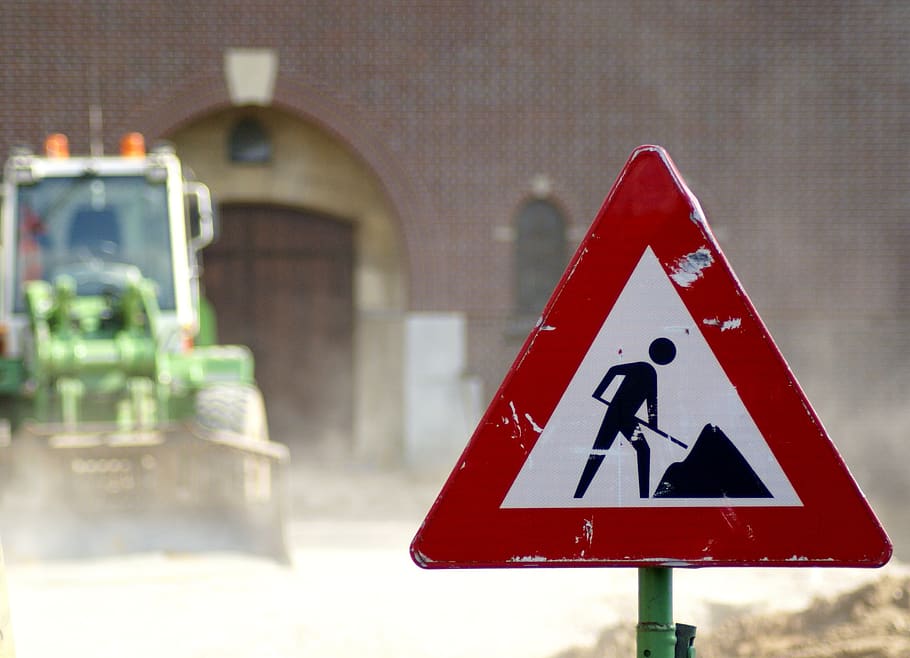 work, road sign, excavators, communication, triangle shape HD wallpaper