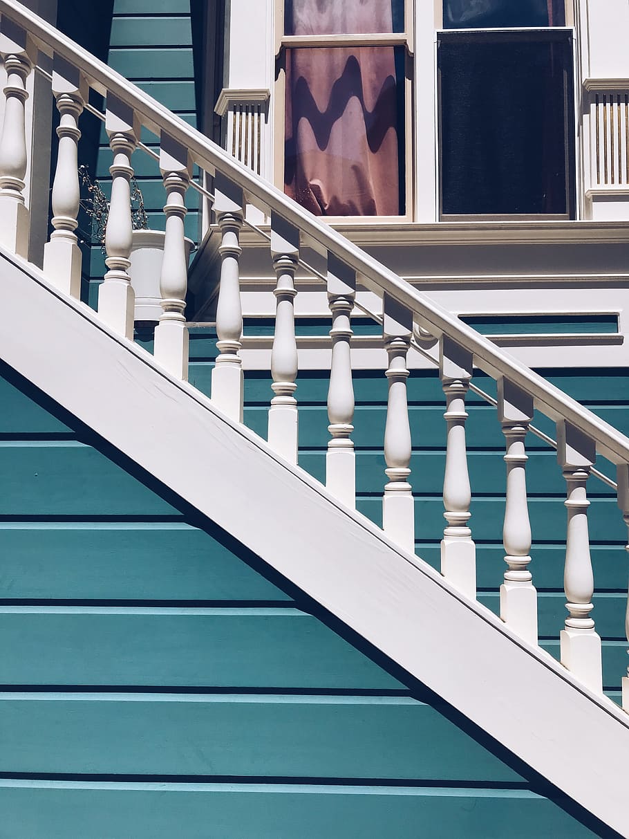 white balustrade, architecture, cyan, handle, staris, blue, minimal HD wallpaper