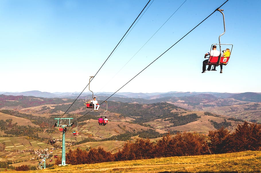 people riding cable car, mountain, sky, nature, sign, overhead cable car HD wallpaper