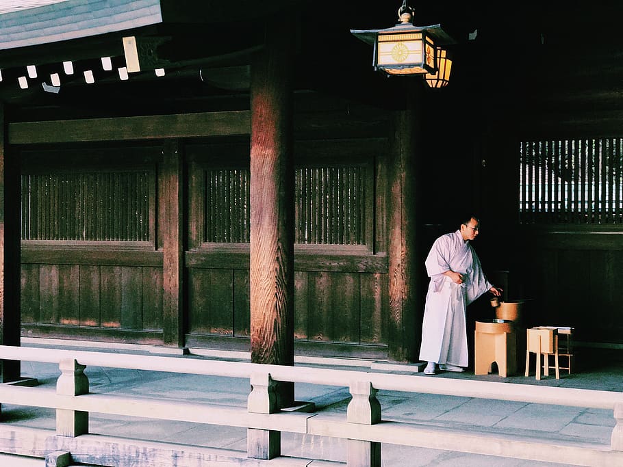 man standing outside temple, human, person, japan, tokyo, kōkyo higashi-gyoen