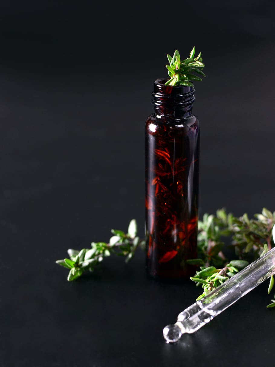 essential oils, thyme, alternative, aromatherapy, bottle, fresh
