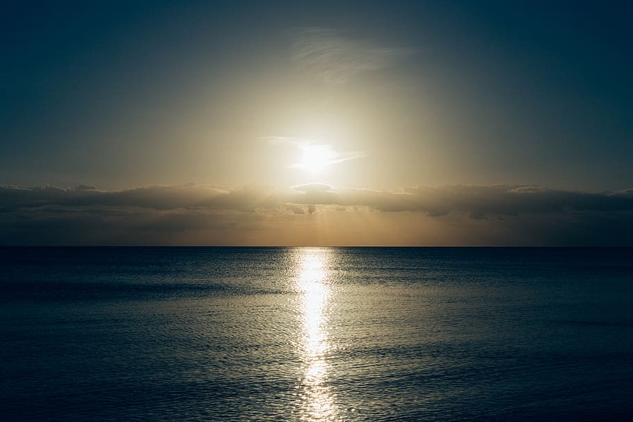 Calm Sea With Sun Setting Photo, clouds, horizon, landscape, nature HD wallpaper