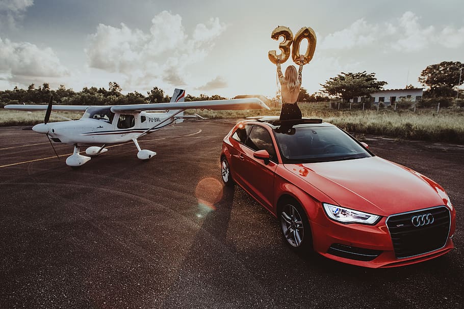 red Audi 3-door hatchback, mode of transportation, car, cloud - sky HD wallpaper