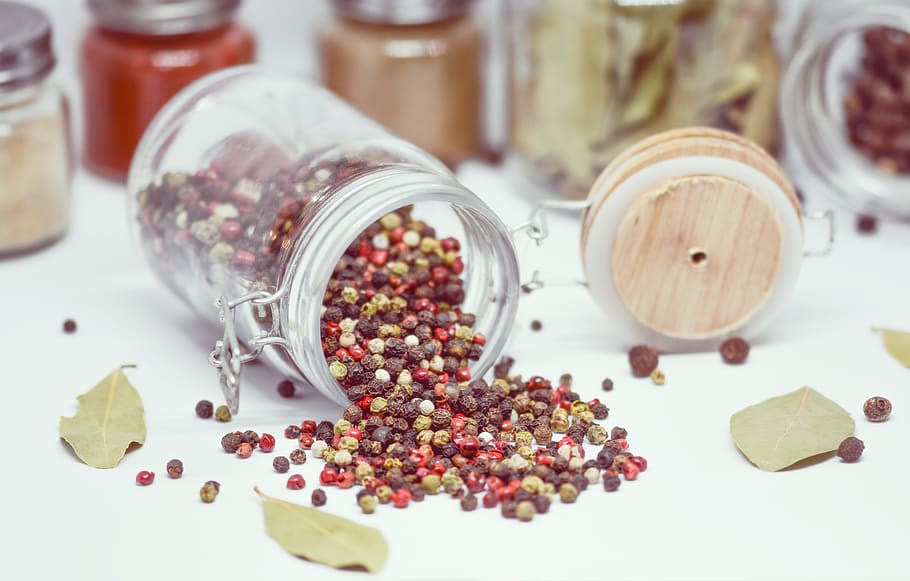 spices, jar, kitchen, cooking, wooden, pepper, glass, ingredient, HD wallpaper