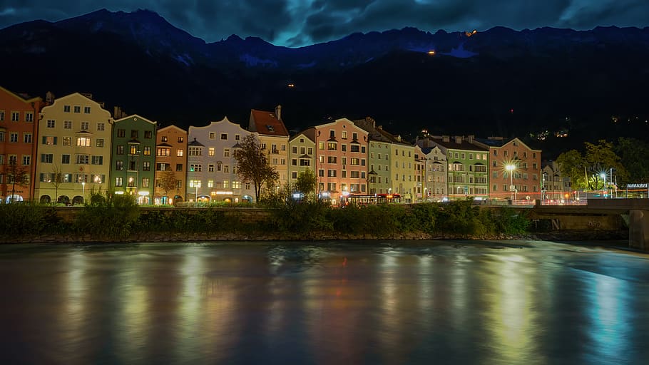 rivers, lights, color, cloudy, night, dark, afternoon, building exterior HD wallpaper