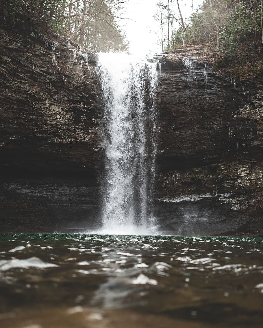 waterfall between trees, motion, scenics - nature, beauty in nature HD wallpaper