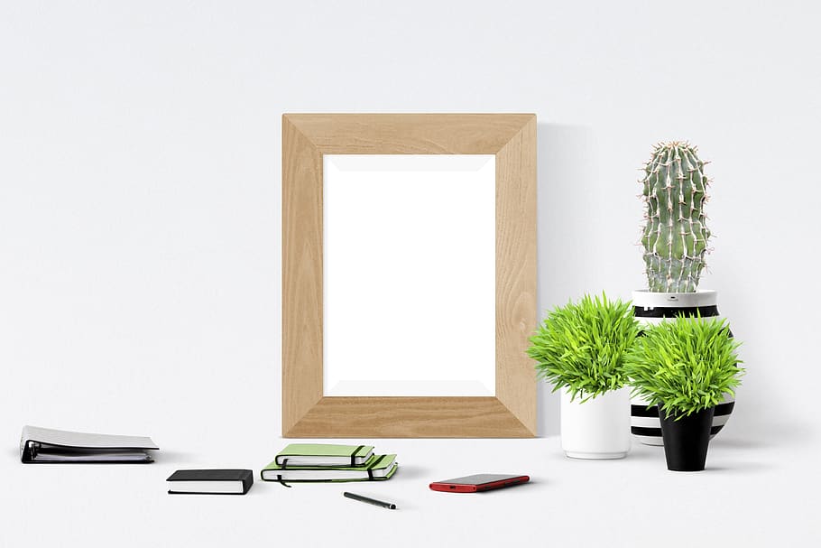 poster, frame, books, plants, smartphone, potted plant, indoors HD wallpaper