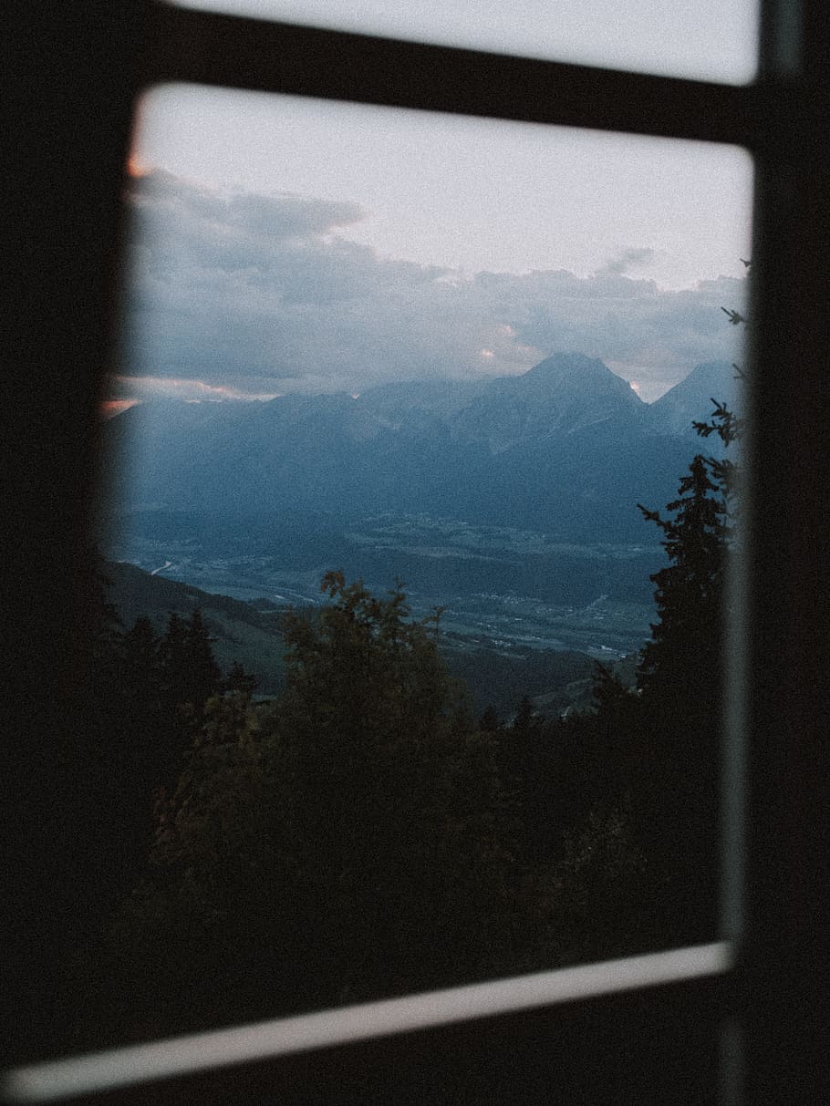 aerial photography of forest, cloud, mountain, valley, tree, through window HD wallpaper