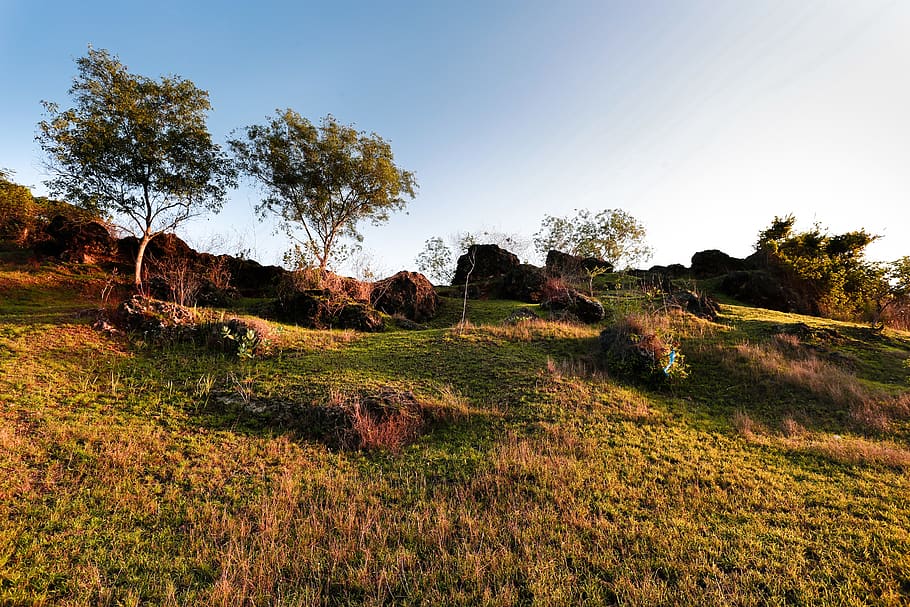 Landscape of Grass Field, clouds, daylight, hill, nature, rocks HD wallpaper