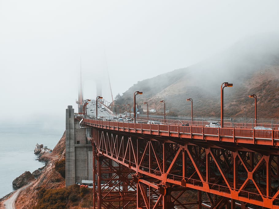red metal made bridge, river, mist, fog, san francisco, architecture HD wallpaper