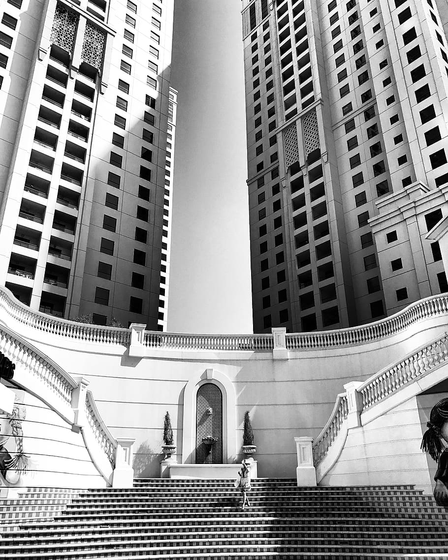 concrete building with staircase, skyscraper, dubai, city, al mamsha st - dubai - united arab emirates HD wallpaper