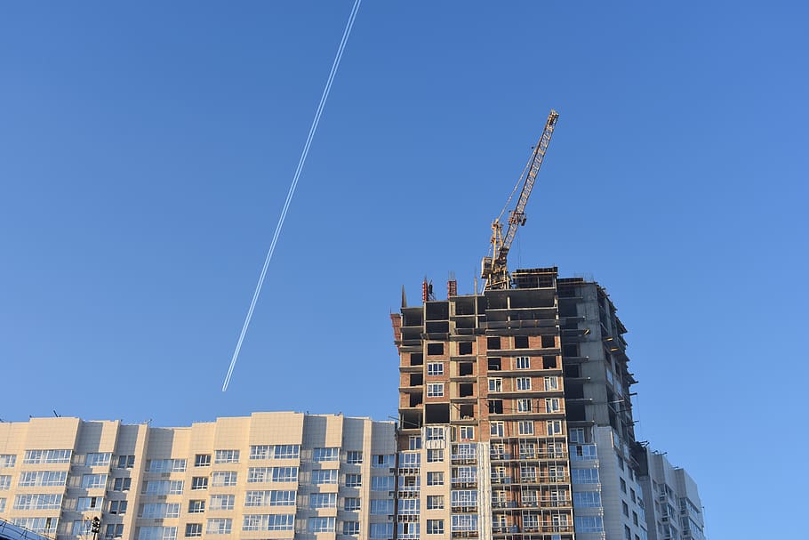 construction, residential, house, crane, sky, track, plane HD wallpaper