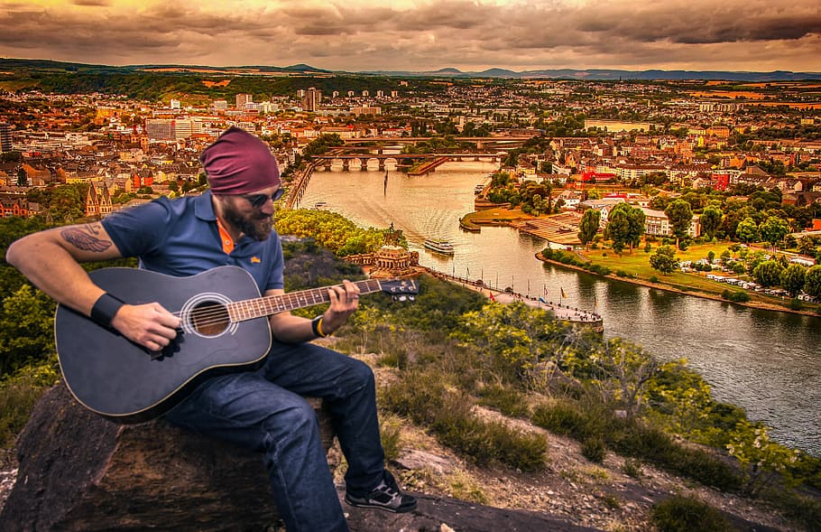guitarist, dusk, man, city, sonaaf, landscape, music, nature HD wallpaper