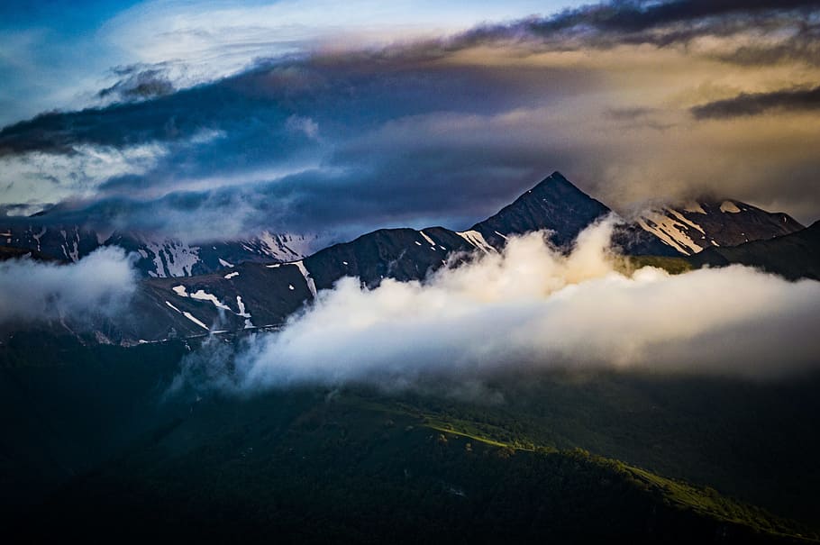 Cumulus Clouds Over Mountain Peak, cloudscape, dawn, landscape HD wallpaper