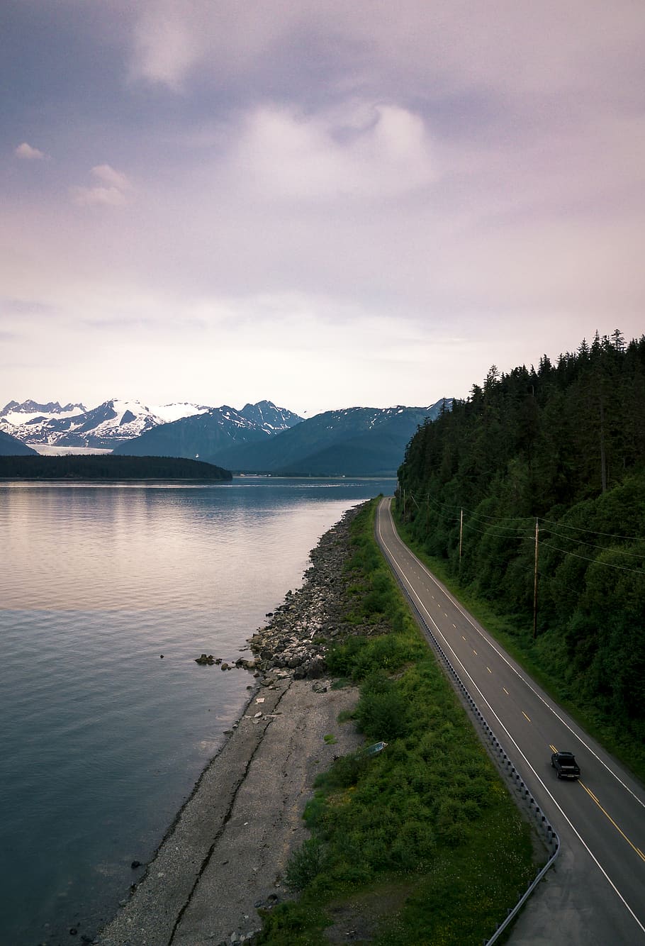 mountains, road, drive, alaska, ocean, forest, travel, sky, HD wallpaper
