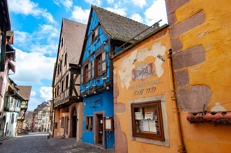 france, village, city, alsace, french, old, blue, houses, facades, HD wallpaper