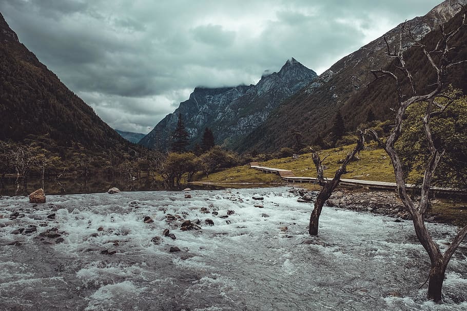 river beside green mountain under gray clouds during daytime HD wallpaper