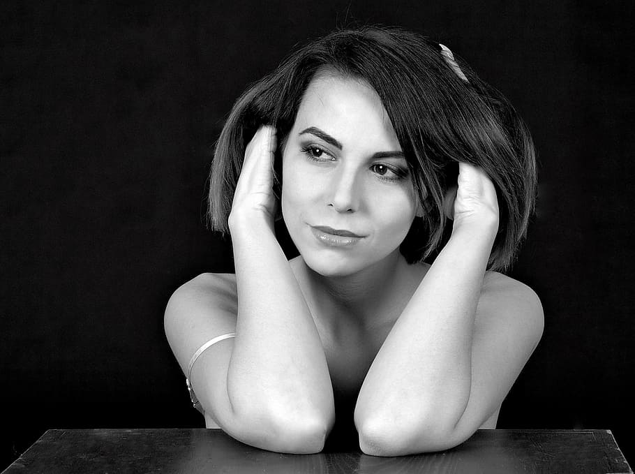 Woman Sitting and Holding Her Hair, beautiful, beauty, black-and-white HD wallpaper